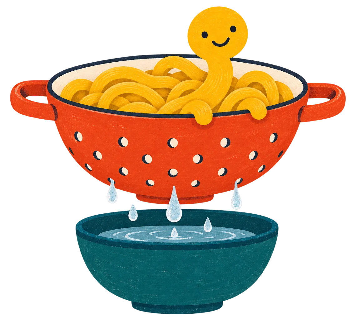Noodle sitting safe in a red colander full of noodles while only water drips through into a bowl