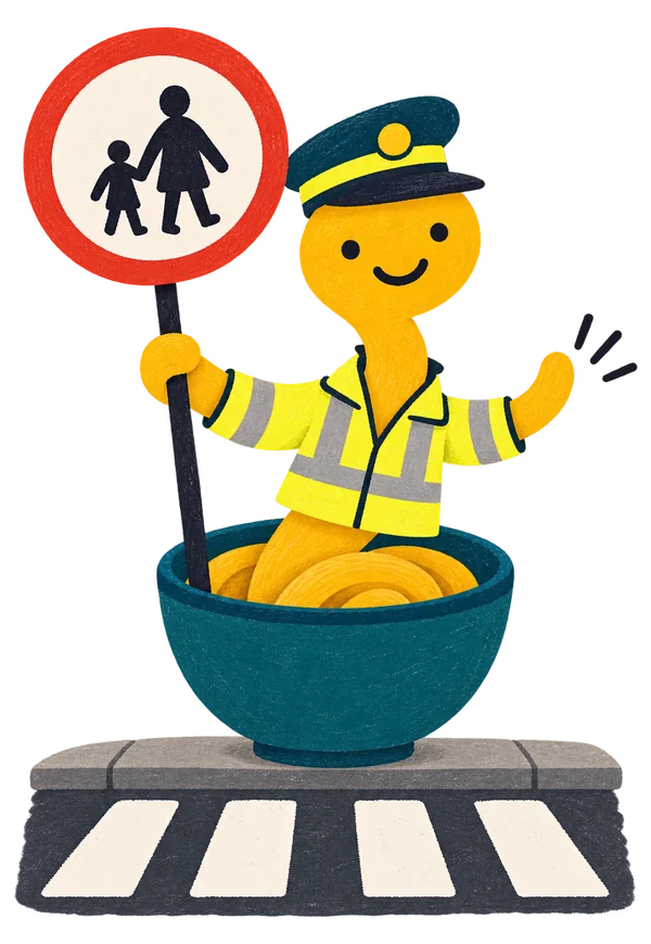 Noodle as a school crossing patrol in a hi-vis coat, holding up a lollipop sign at a zebra crossing