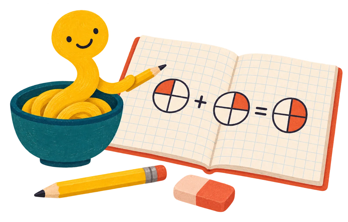 Noodle pointing at a fractions sum drawn as pies in an open exercise book, with a pencil and rubber