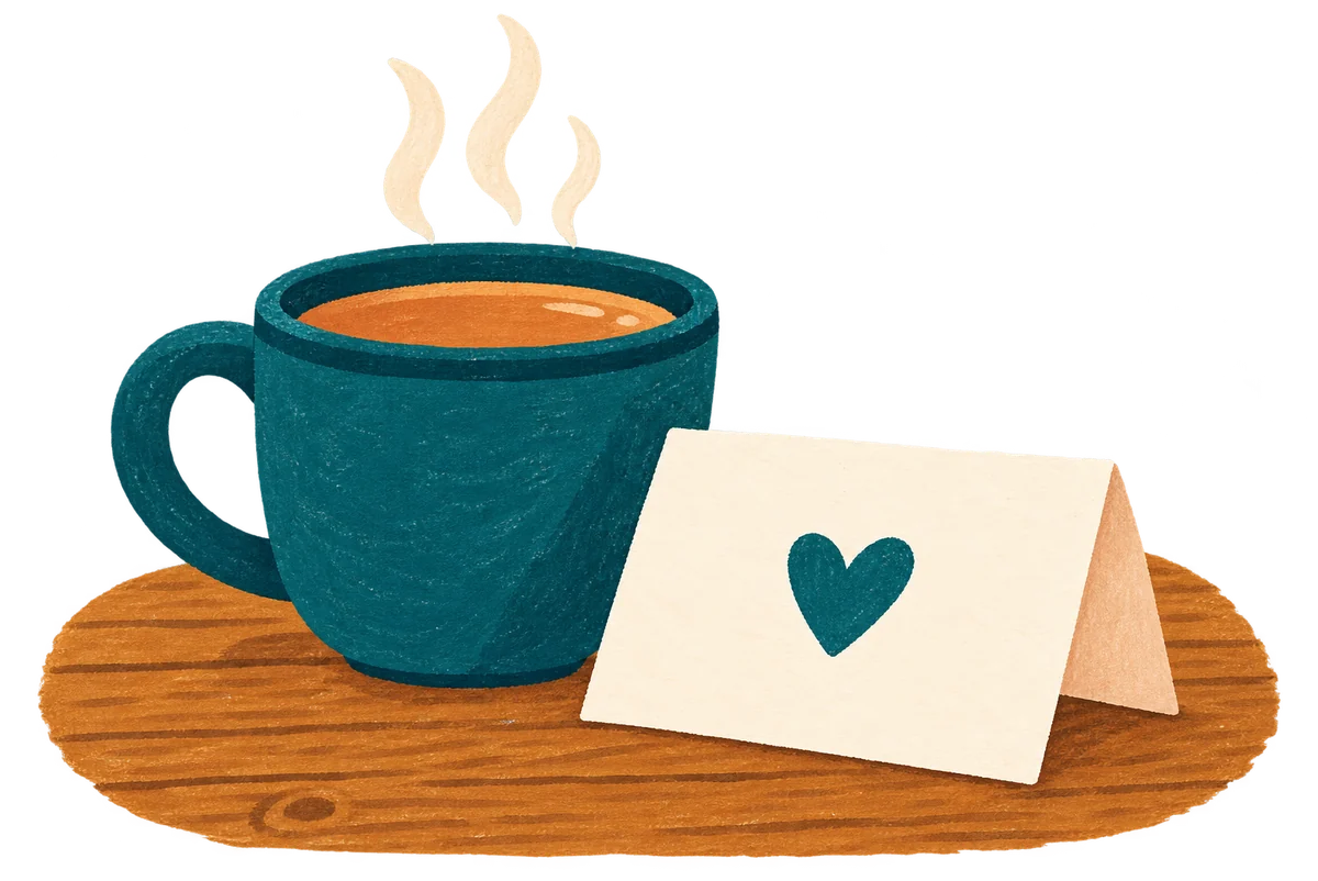 A mug of tea beside a folded note with a heart on it