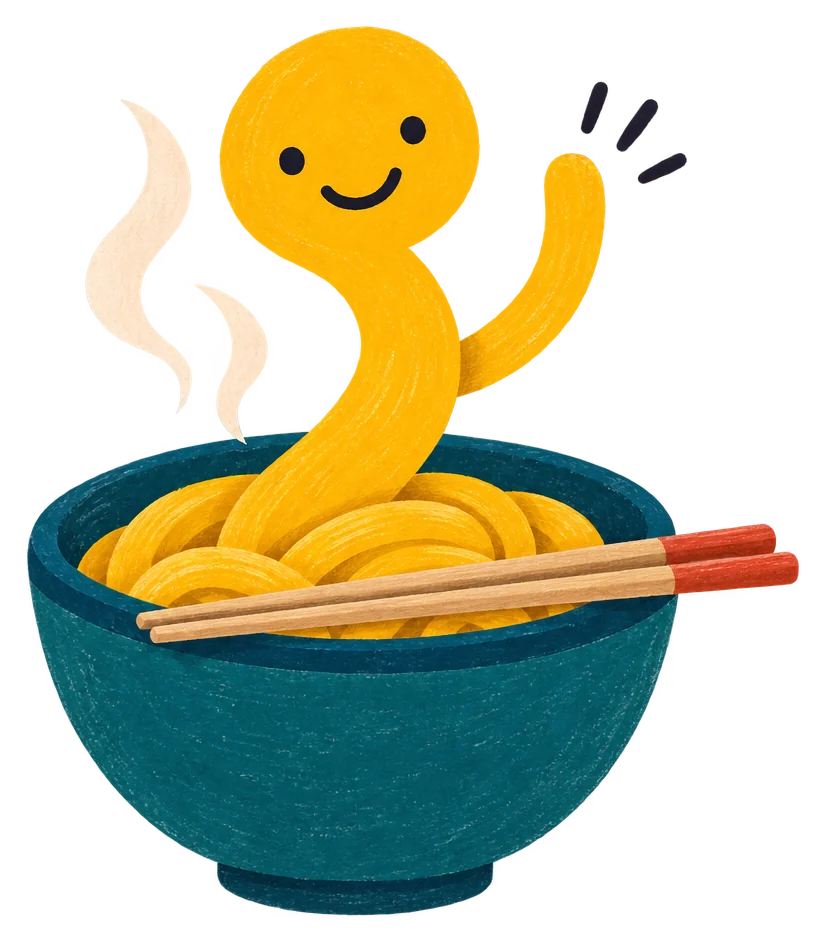 Noodle, a cheerful noodle, waving hello from a steaming bowl with chopsticks