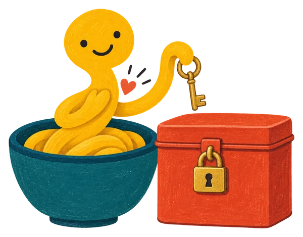 Noodle with a hand on its heart beside a padlocked recipe tin