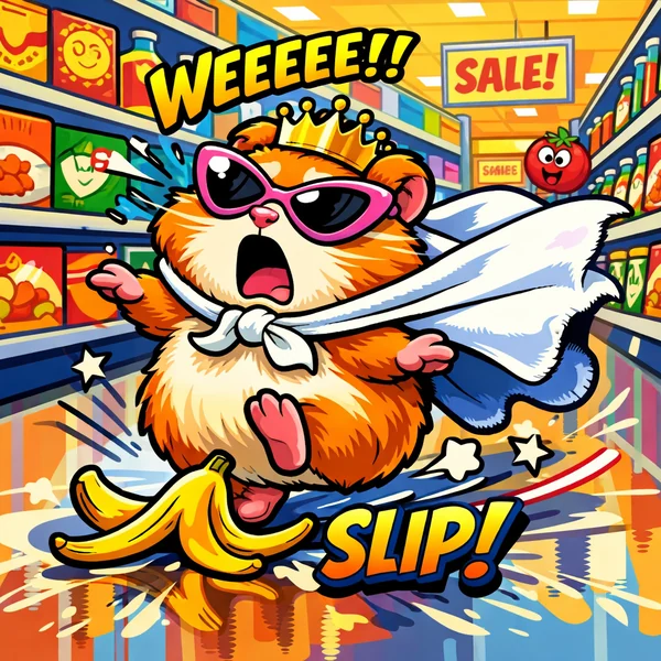 A cartoon hamster in sunglasses and a towel cape, slipping on a banana in a supermarket