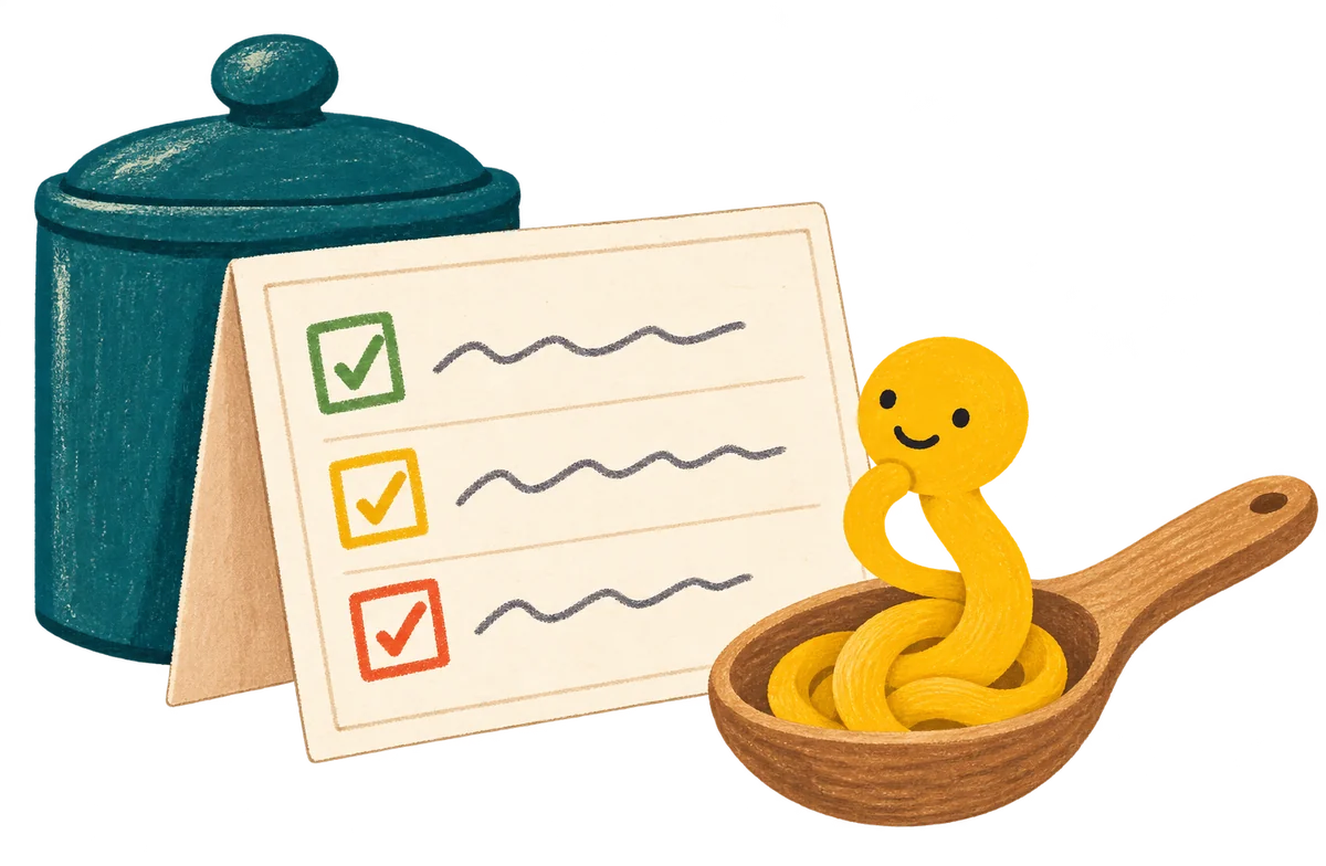 A recipe card of house rules with green, yellow and red tick boxes, and Noodle reading it from a wooden spoon