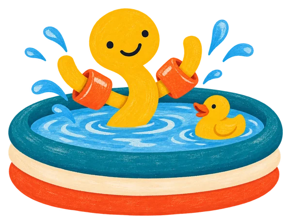Noodle in armbands, happily splashing in a paddling pool with a rubber duck